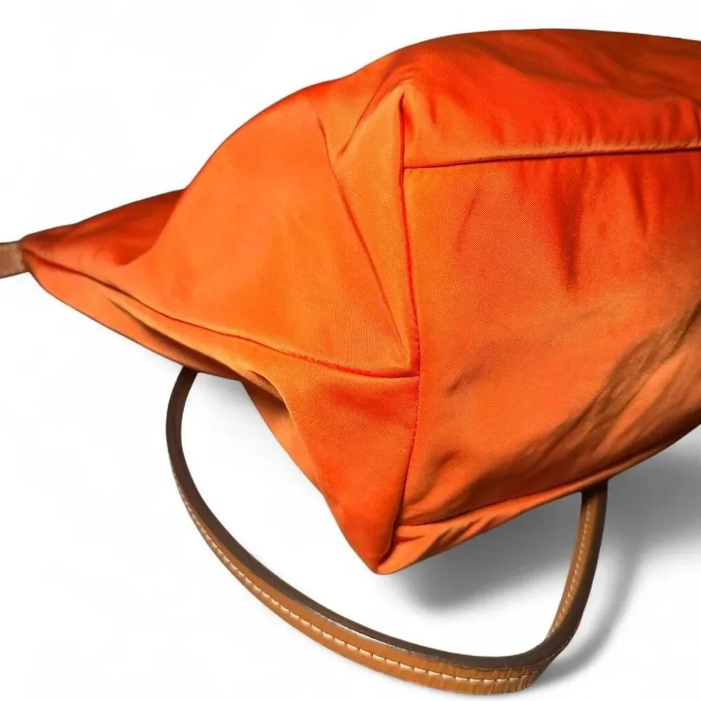 Michael Kors Orange Nylon Tote Shoulder Bag Brown Leather Trim Zip Top